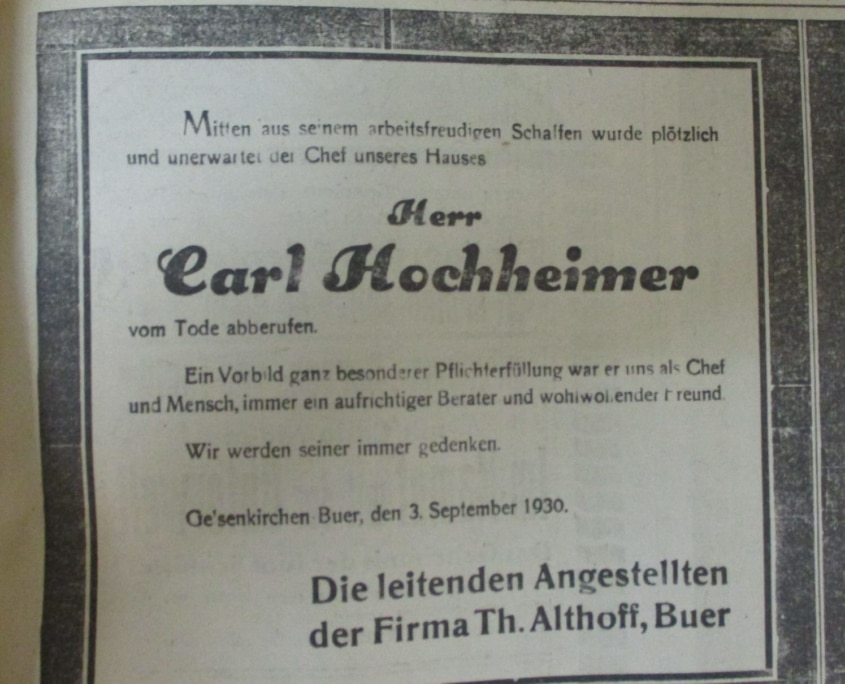 Abb-167 | Todesanzeigen für Carl Hochheimer, Gelsenkirchener Zeitung, 5. September 1930