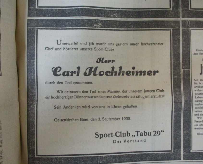 Abb-168 | Todesanzeigen für Carl Hochheimer, Gelsenkirchener Zeitung, 5. September 1930